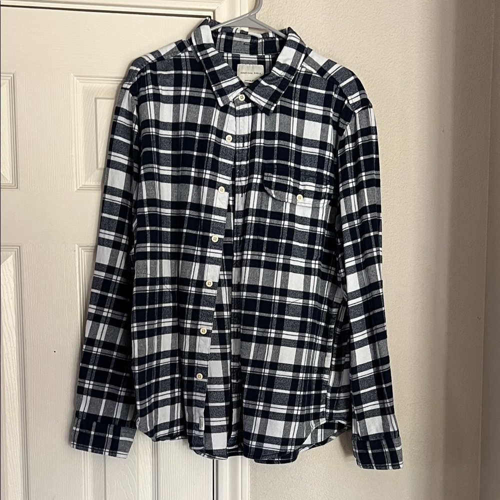 Navy and White Plaid Button-Up Shirt